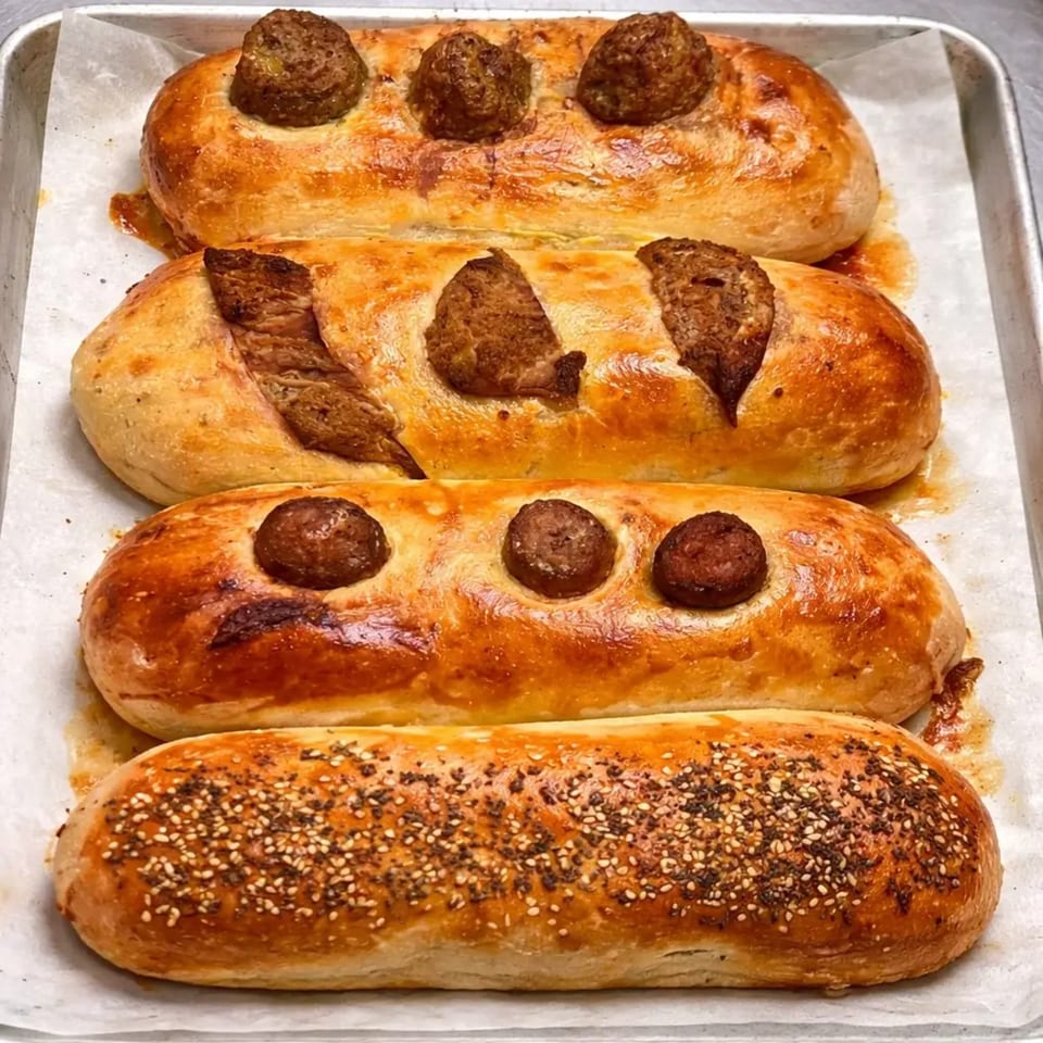 Four golden-brown baked bread loaves, some with meatballs and one with sesame seeds, on a baking sheet.