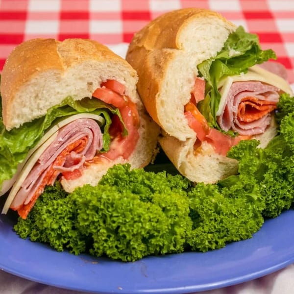Two large Italian subs with deli meat, cheese, lettuce, and tomatoes on a blue plate.
