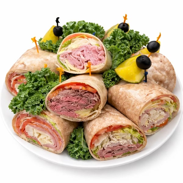 Platter of various deli meat wraps with lettuce, tomatoes, and cheese, garnished with kale and olives.