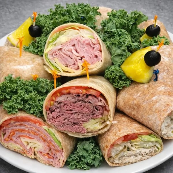 Platter of various deli wraps with meats, cheeses, and vegetables, garnished with kale, pickles, and olives.