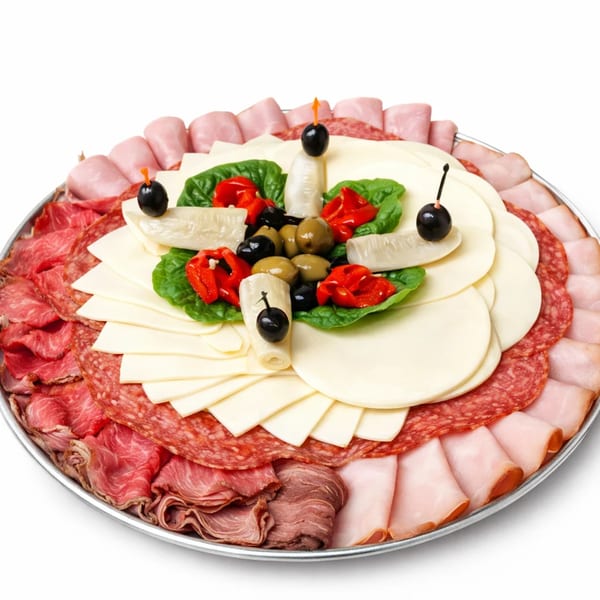 A large platter of sliced meats, cheeses, olives, and roasted red peppers on a white background.
