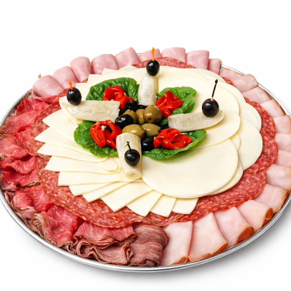 A large platter of sliced meats, cheeses, olives, and roasted red peppers on a white background.